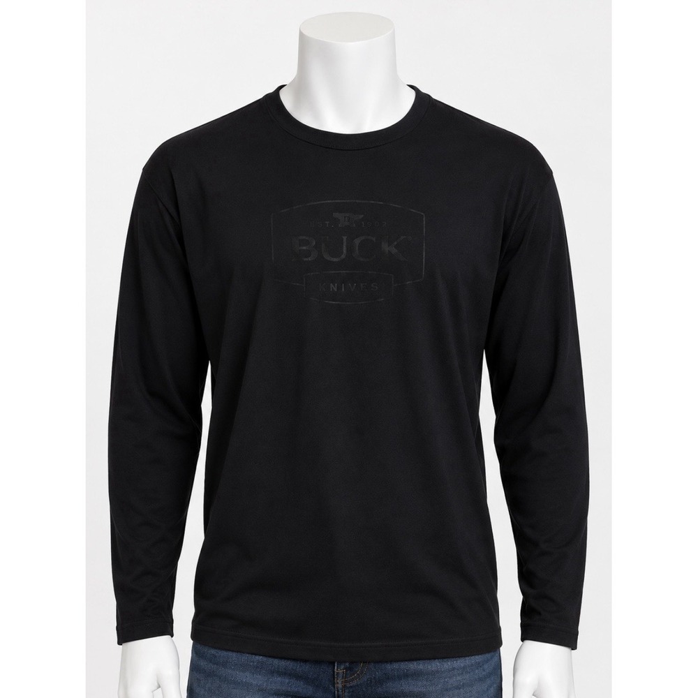 BUCK KNIVES Men's Black Long Sleeve T Shirt Pullover XL Black Lettering Logo